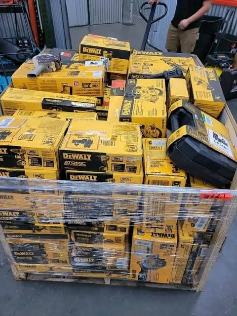 Alt text: Wholesale tool pallets stacked with assorted hand tools and equipment, ready for bulk sale or resale.